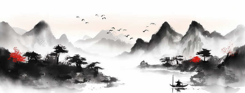 山水河流复古风意境自然景观中式风水墨画,插画/手绘图,插画/手绘图库,插画/手绘图下载,插画/手绘